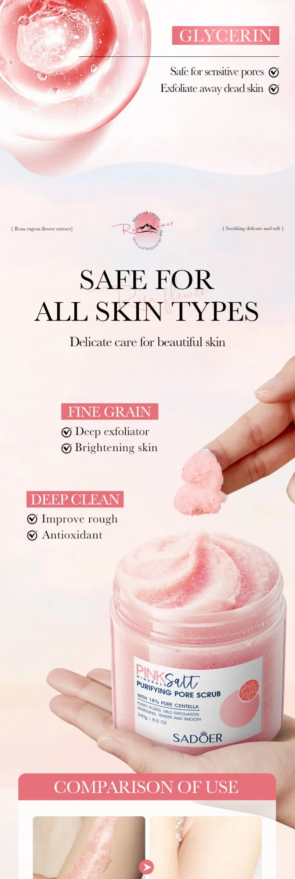 Sadoer Pink Himalayan Salt Body Scrub Exfoliating Pore Cleanser 240g - 12