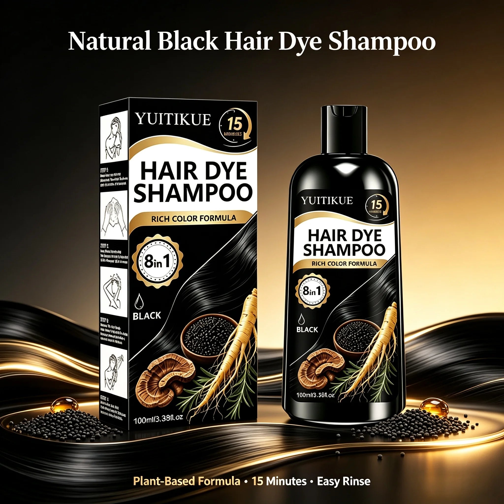 8 in 1 Ginseng Herbal Black Hair Color Dye Shampoo 100ml