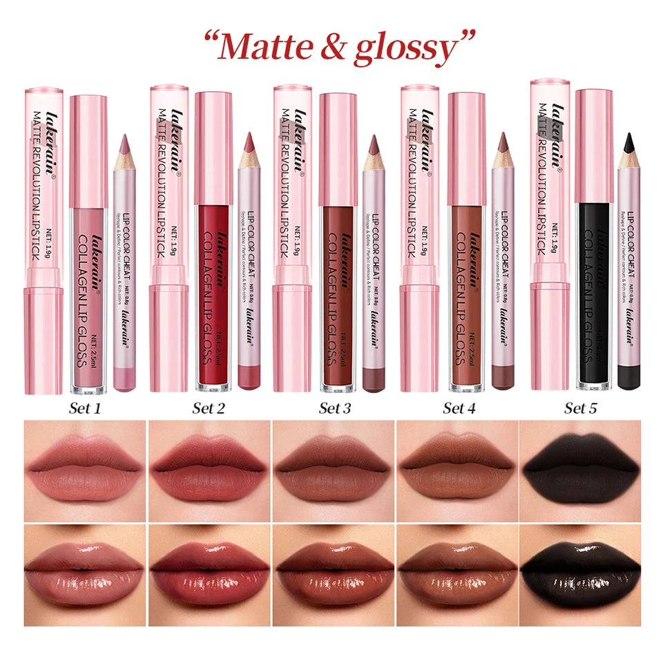 All-in-One Waterproof Lip Liner, Lipstick and Gloss Makeup Set - 8