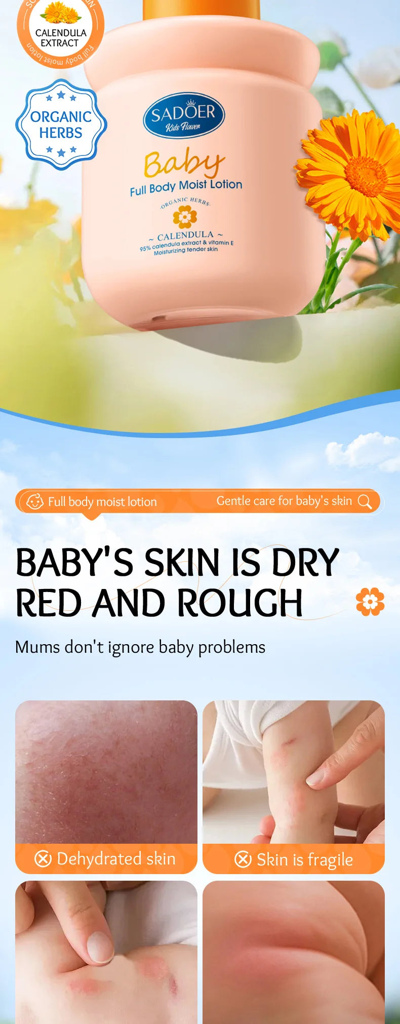 Sadoer Calendula Vitamin E Body Lotion Moisturizing Kids Cream 400ml