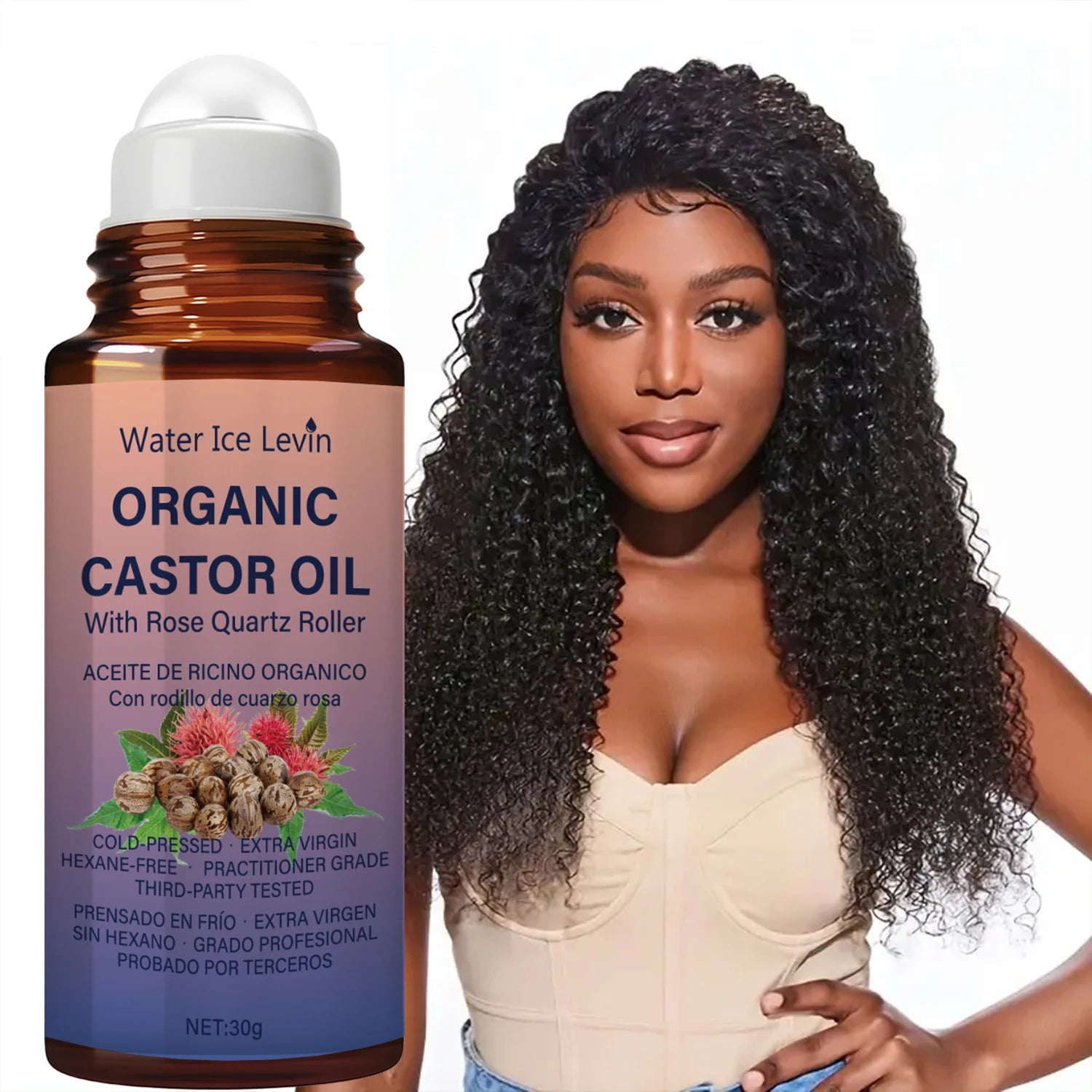 Organic Castor Oil with Rose Quartz Roller Hair and Skin Conditioner