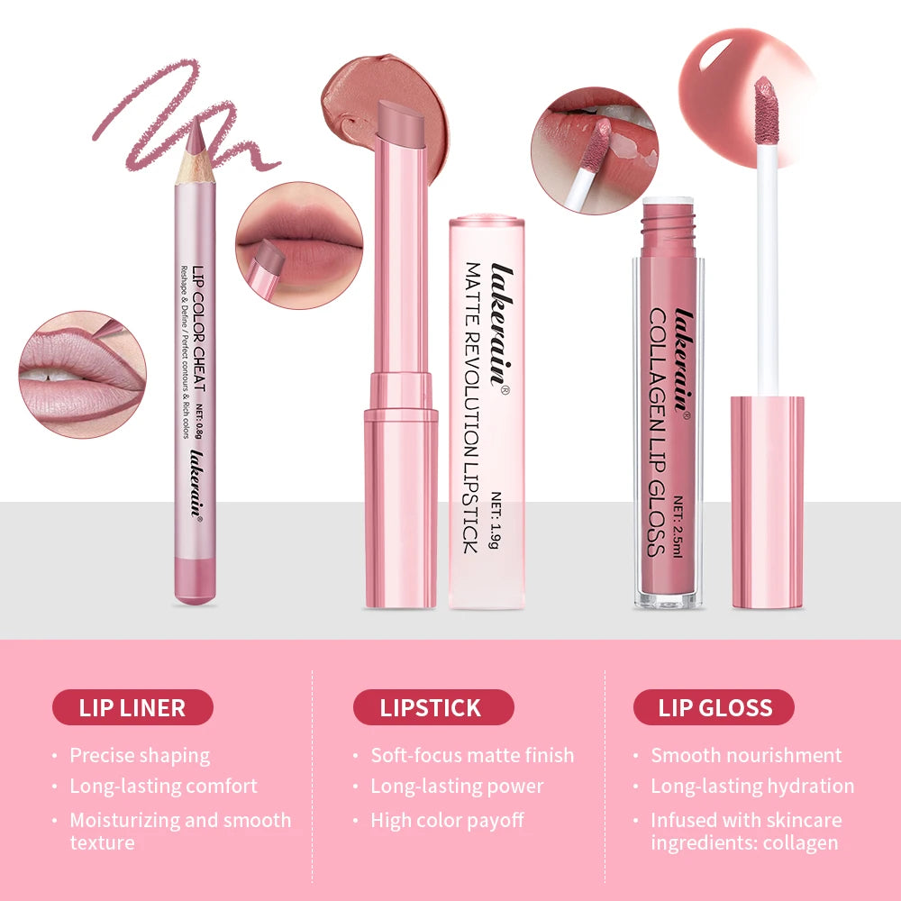 3-Piece Waterproof Matte Lipstick and Lip Liner Makeup Set - 6