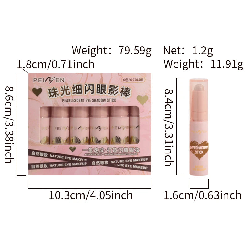 Peiyen 6 Piece Pearlescent Eyeshadow Stick Set Waterproof Shimmer Makeup