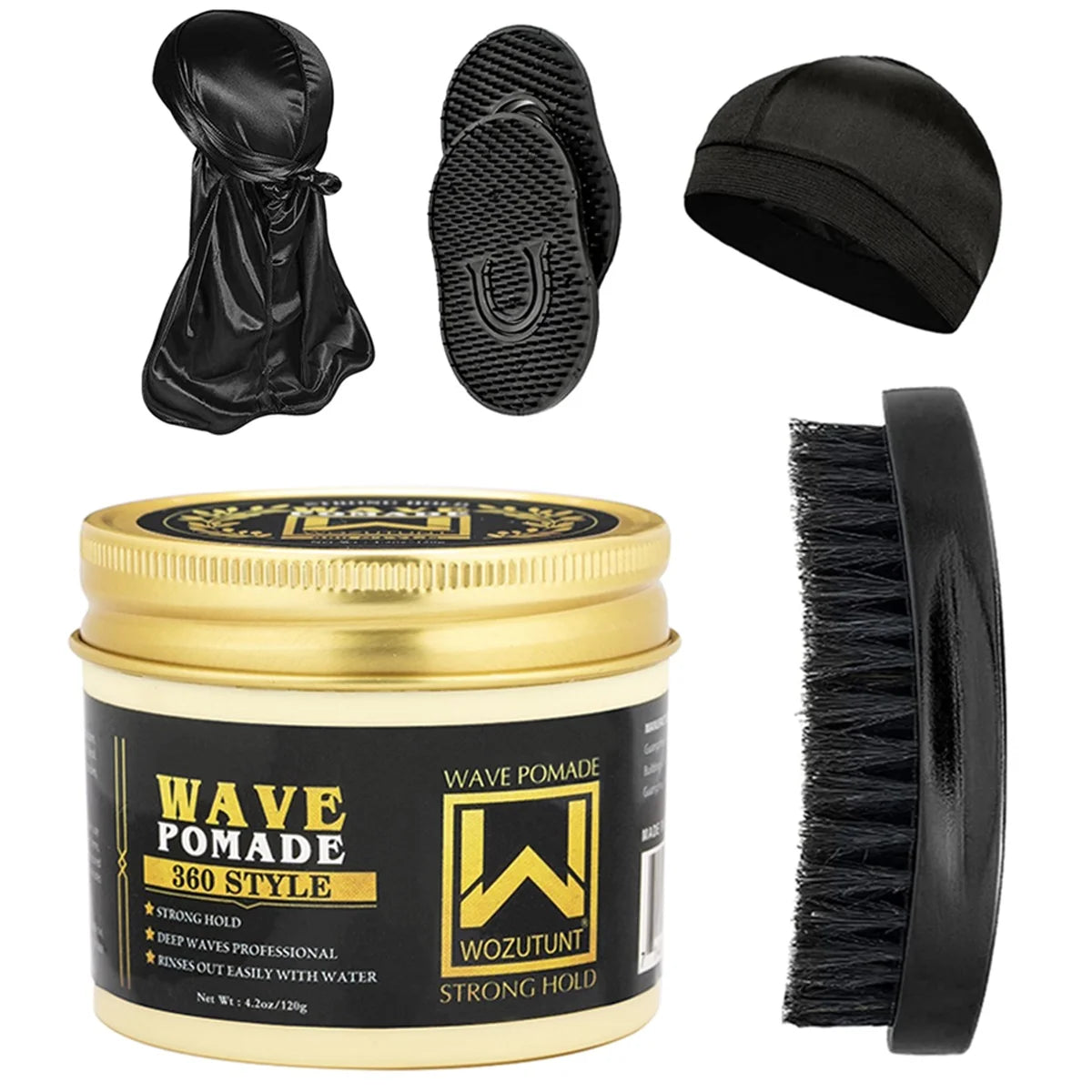 Shea Butter Hair Pomade with Wave Brush and Silk Rag Cap Set