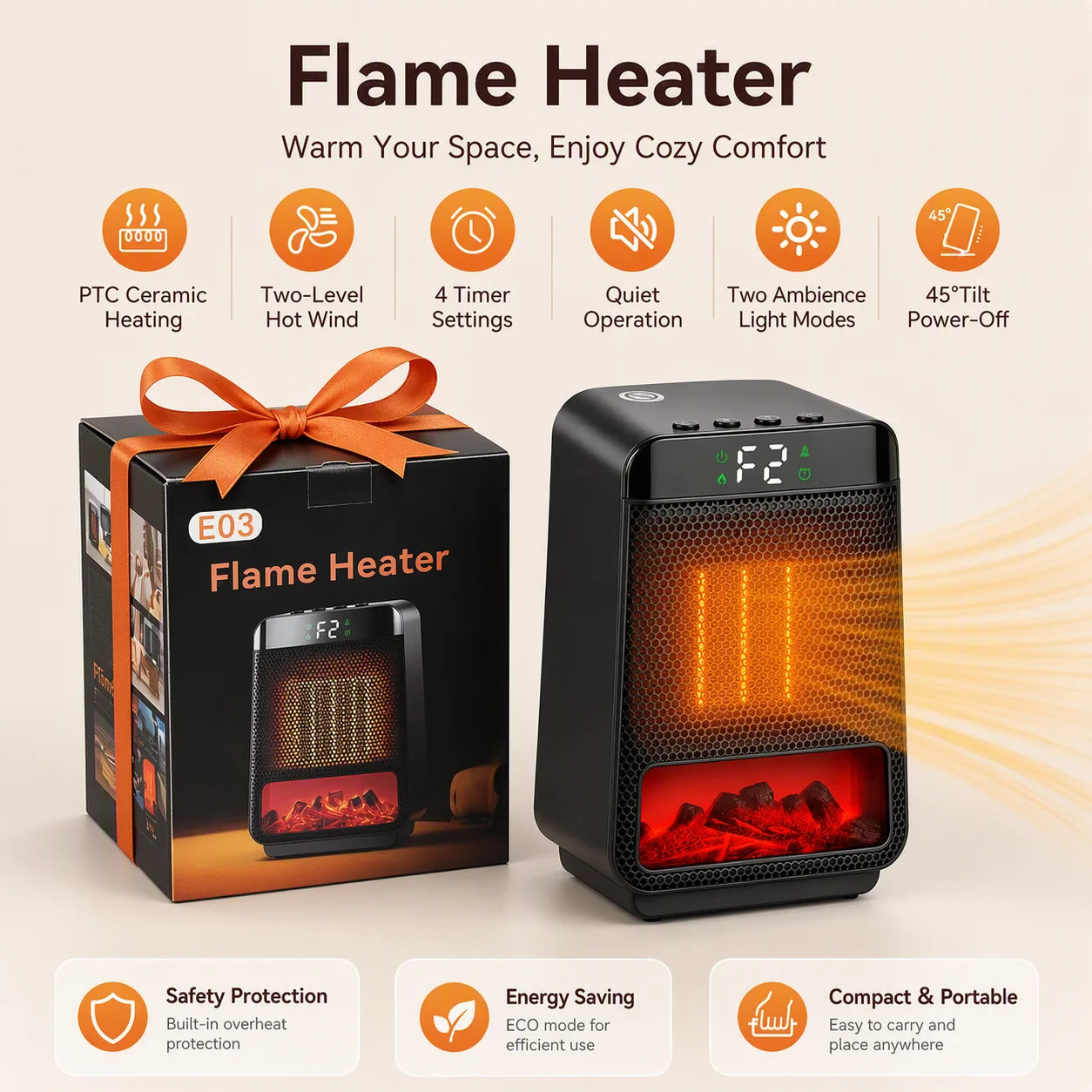 Portable Electric Space Heater with Flame Effect - 1
