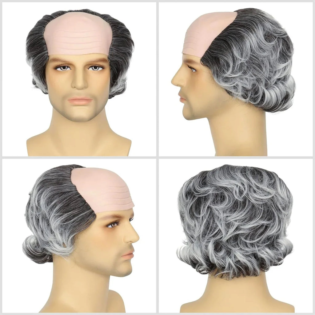 Gray Old Man Bald Cap Wig Synthetic Scientist Costume Accessory