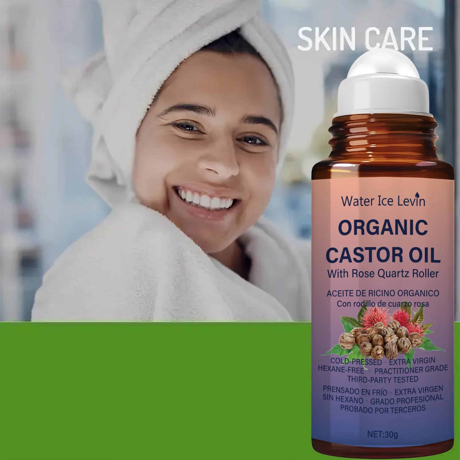 Organic Castor Oil with Rose Quartz Roller Hair and Skin Conditioner