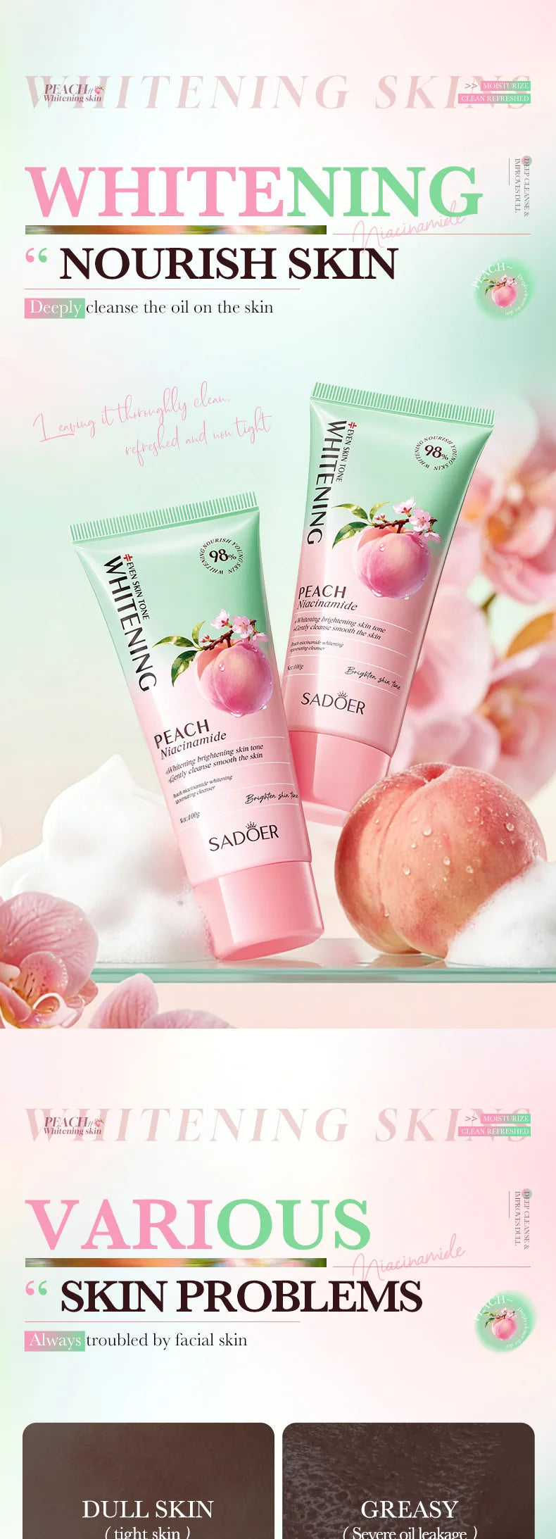 SADOER Peach Niacinamide Facial Cleanser Brightening Face Wash 100g - 6