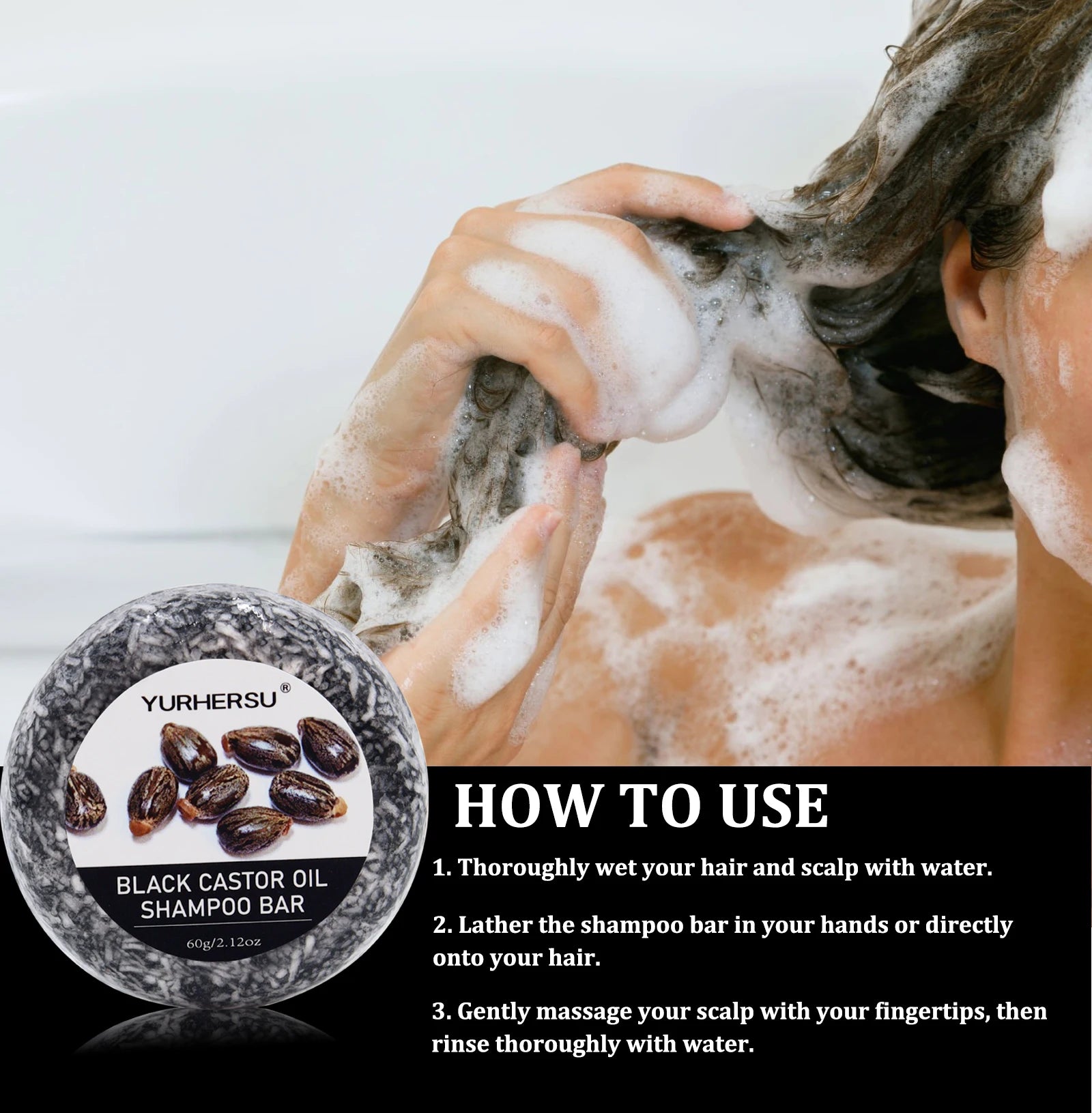 Yurhersu Black Castor Oil Shampoo Bar 2-in-1 Hair Cleanser 60g - 15
