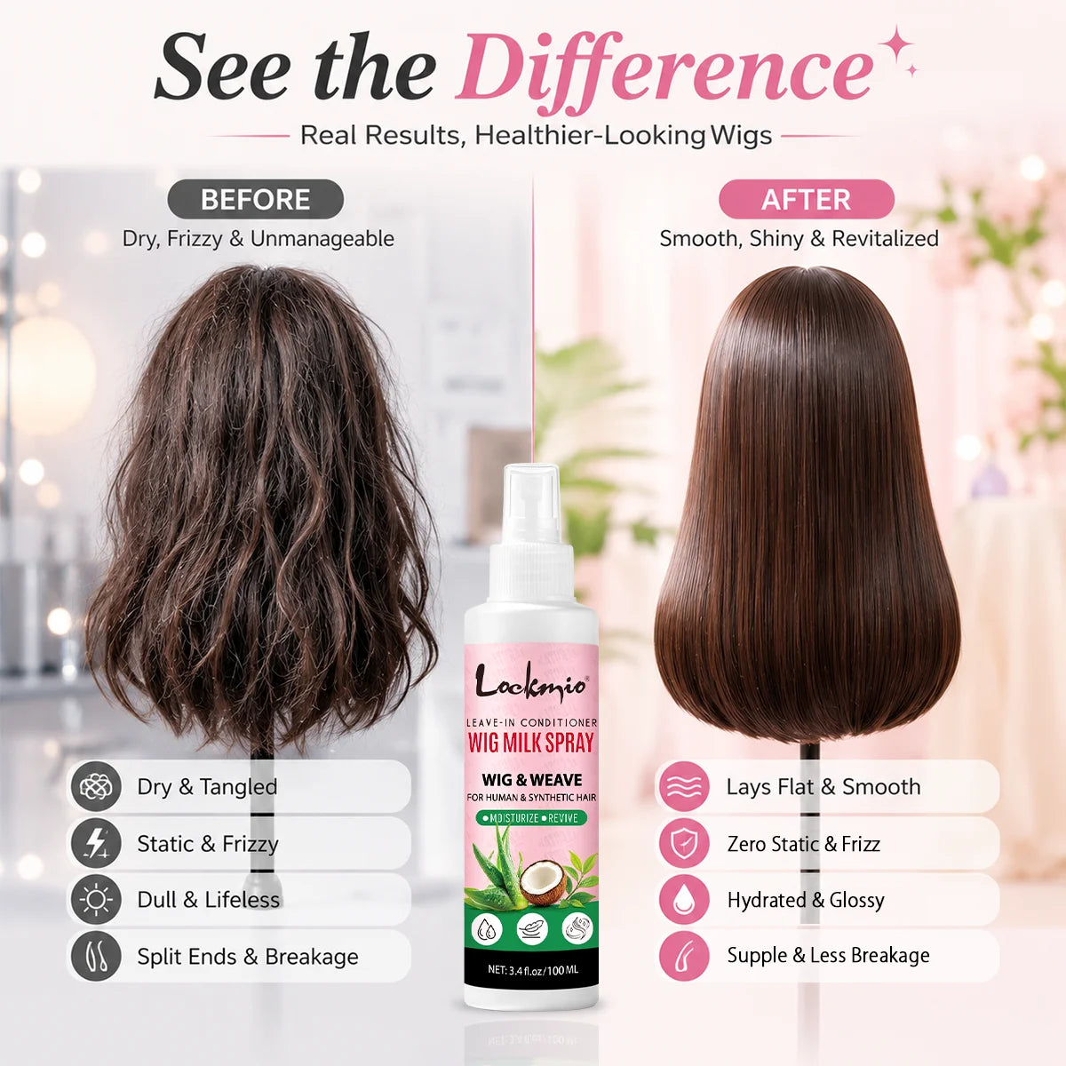 Lockmio Wig Milk Spray Leave-in Conditioner for Synthetic and Human Hair