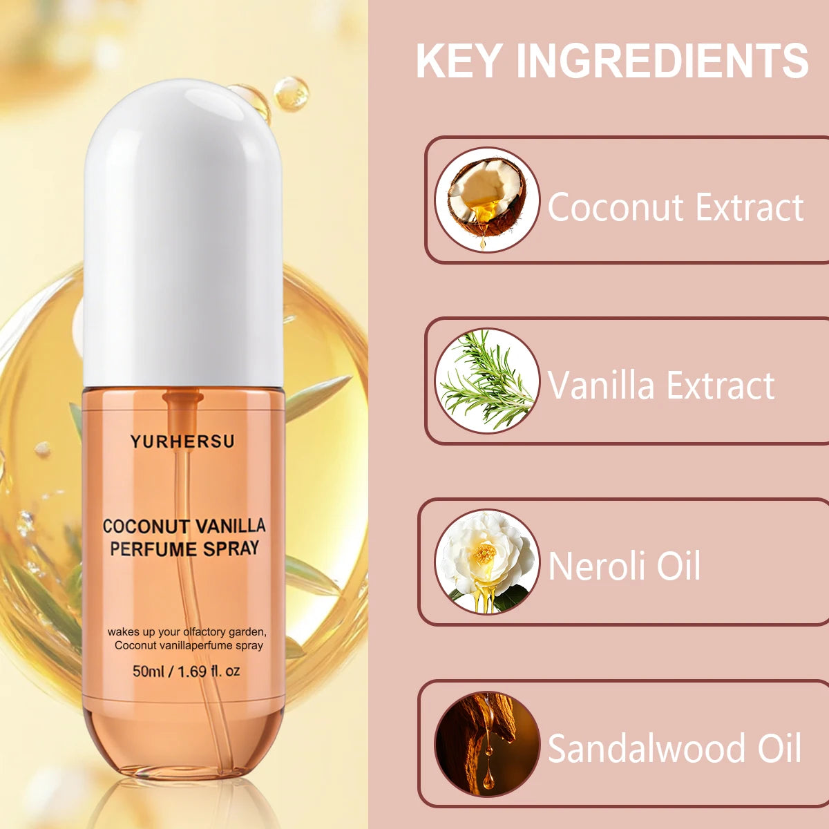 Yurhersu Coconut Vanilla Perfume Spray Long Lasting Fragrance Mist 50ml - 1