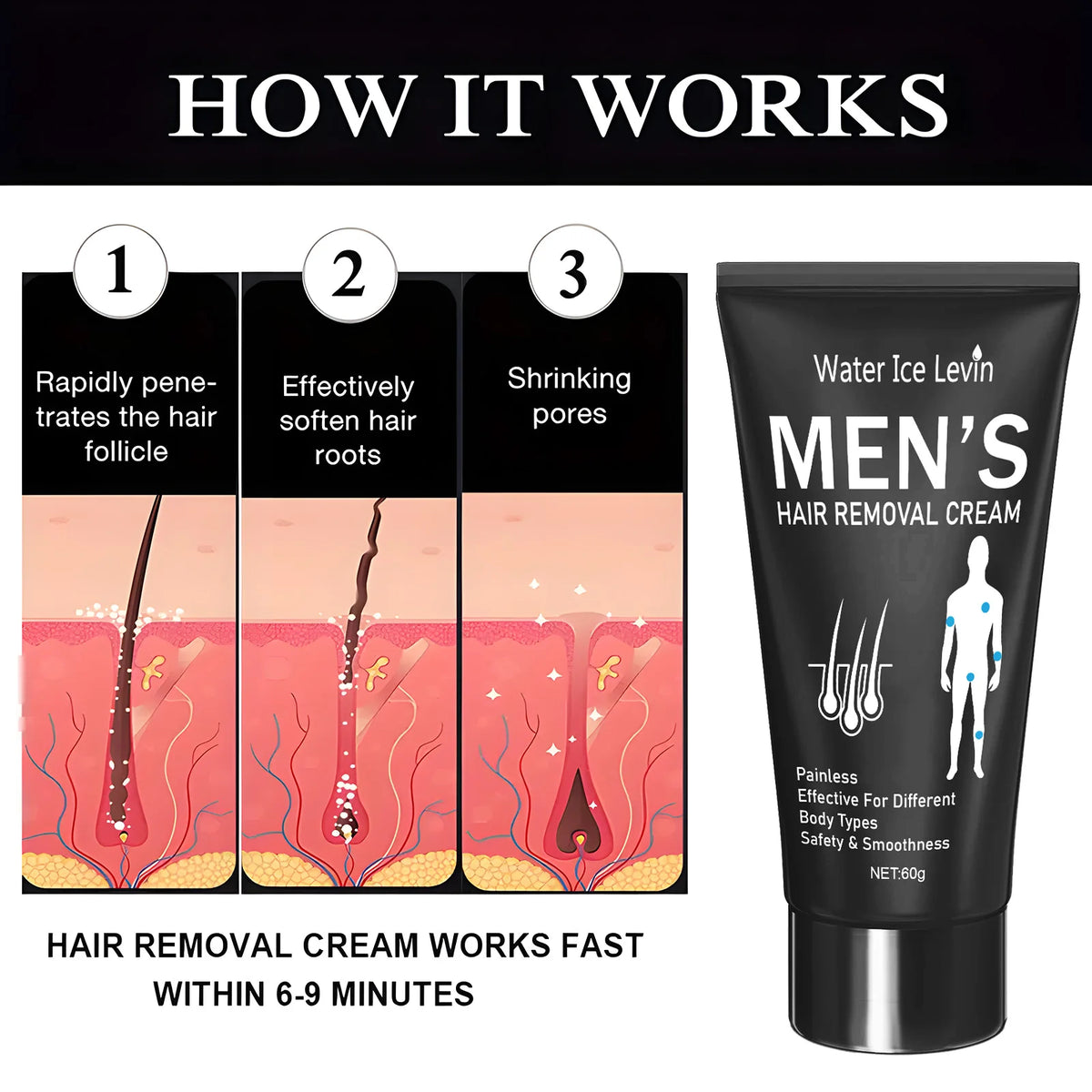 Water Ice Levin Painless Hair Removal Cream for Men 60g