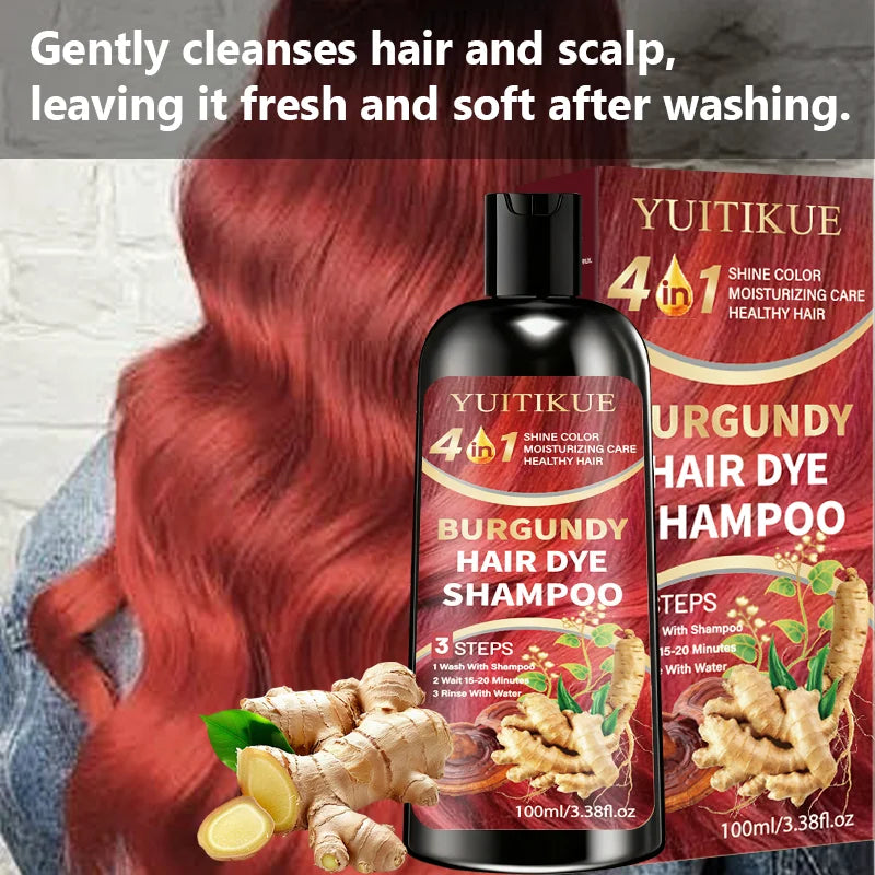 4 in 1 Burgundy Hair Dye Shampoo Natural Ginger Herbal Formula 100ml