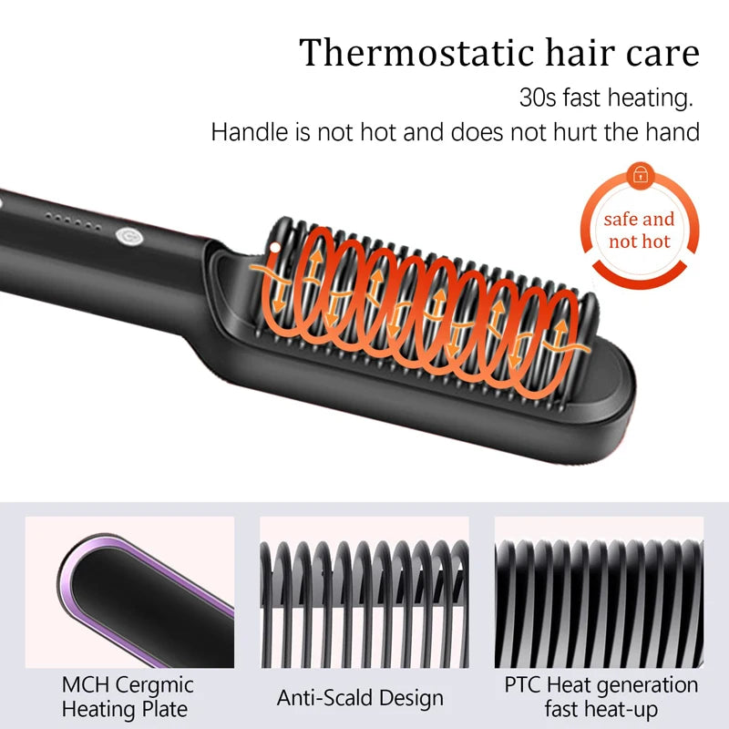 Professional Hair Straightener Brush Ceramic Fast Heating Styling Comb - 11