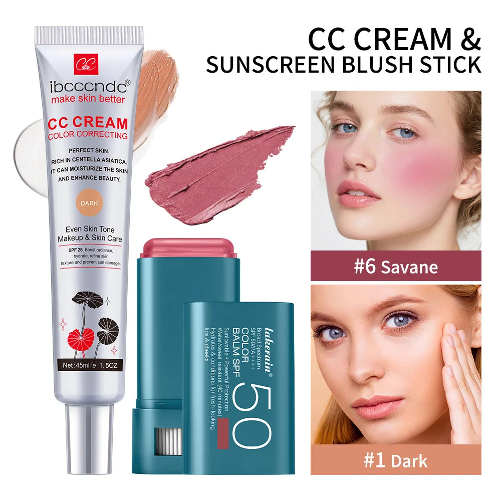 Color Correcting CC Cream and Sunscreen Blush Stick Set - 33