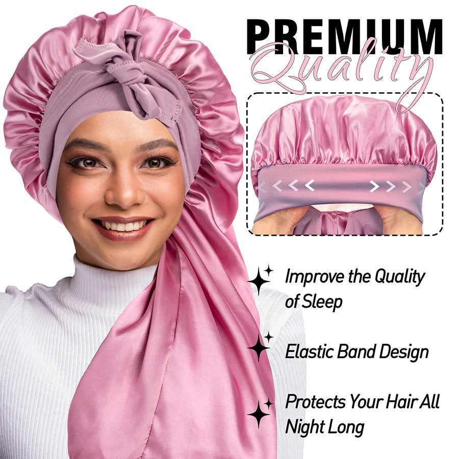 Extra Large Silk Satin Sleep Bonnet with Elastic Hair Band