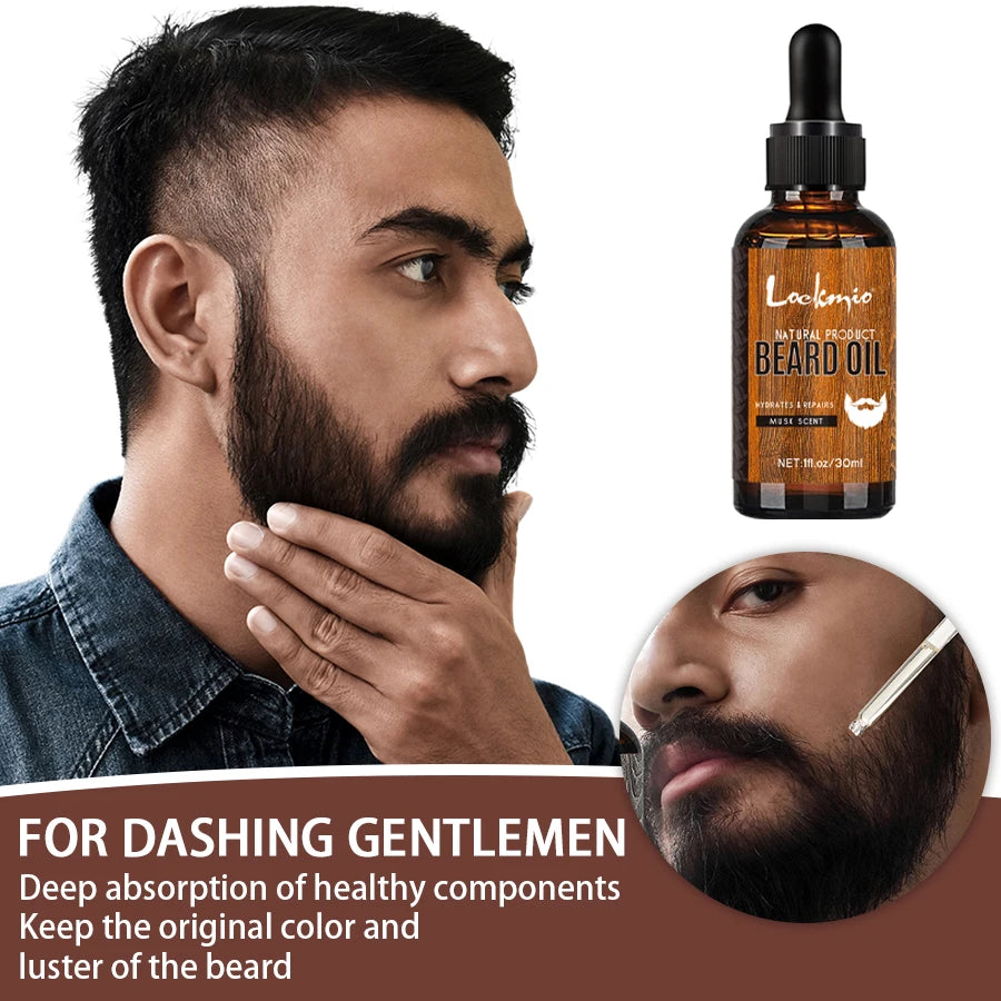 Lockmio Men Beard Oil and Grooming Brush Set Musk Scent