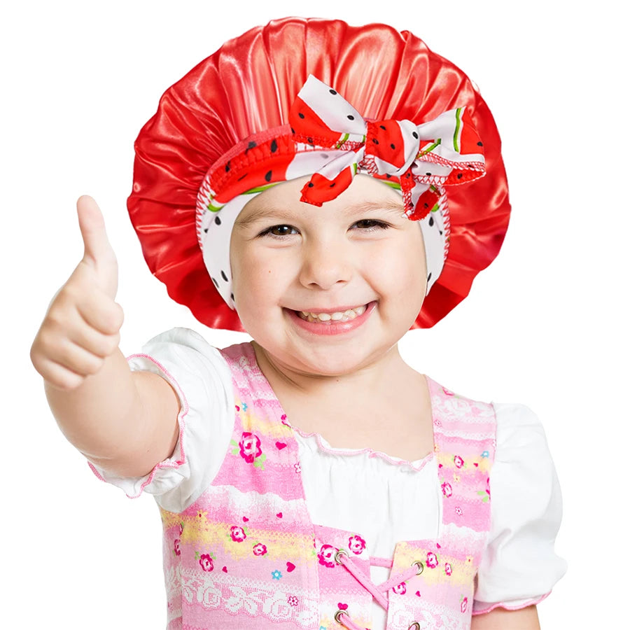 Kids Satin Sleep Bonnet With Bow Tie Adjustable Hair Care Night Cap