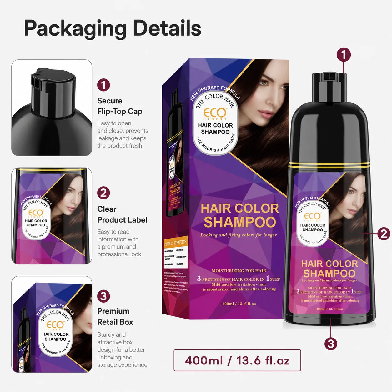 400ml 3 in 1 Hair Color Dye Shampoo for Gray Coverage