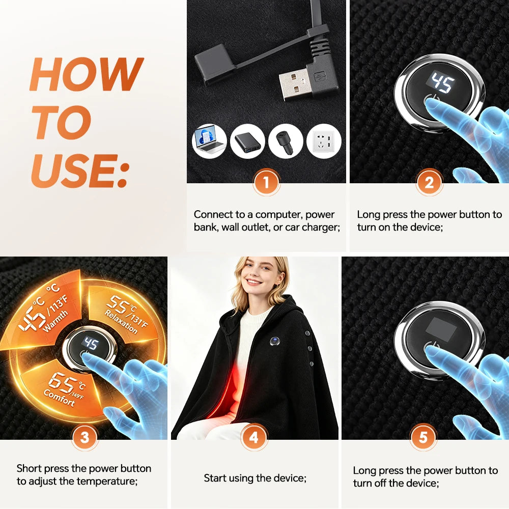 Wearable USB Graphene Heated Hooded Shawl