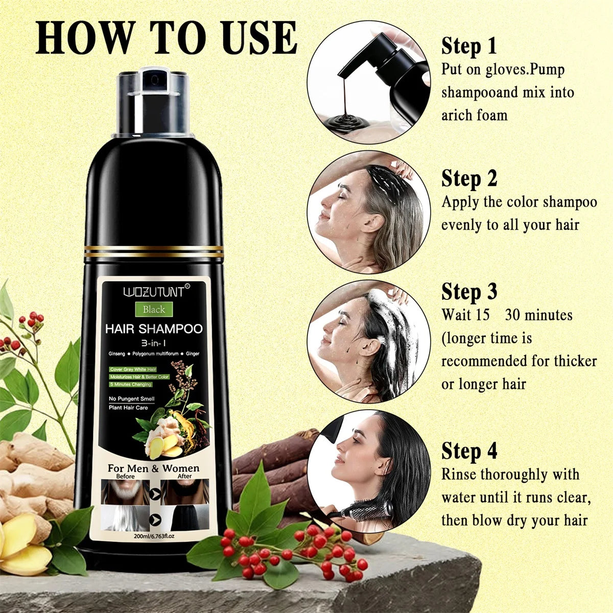 3 in 1 Black Hair Dye Shampoo and Soap for Gray Hair Coverage