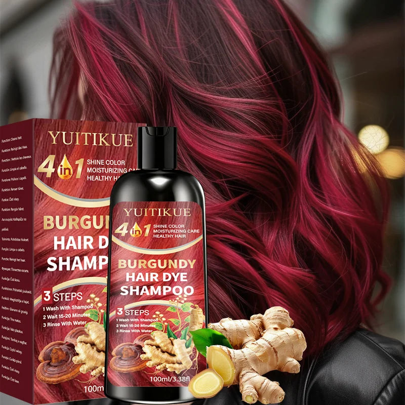 4 in 1 Burgundy Hair Dye Shampoo Natural Ginger Herbal Formula 100ml