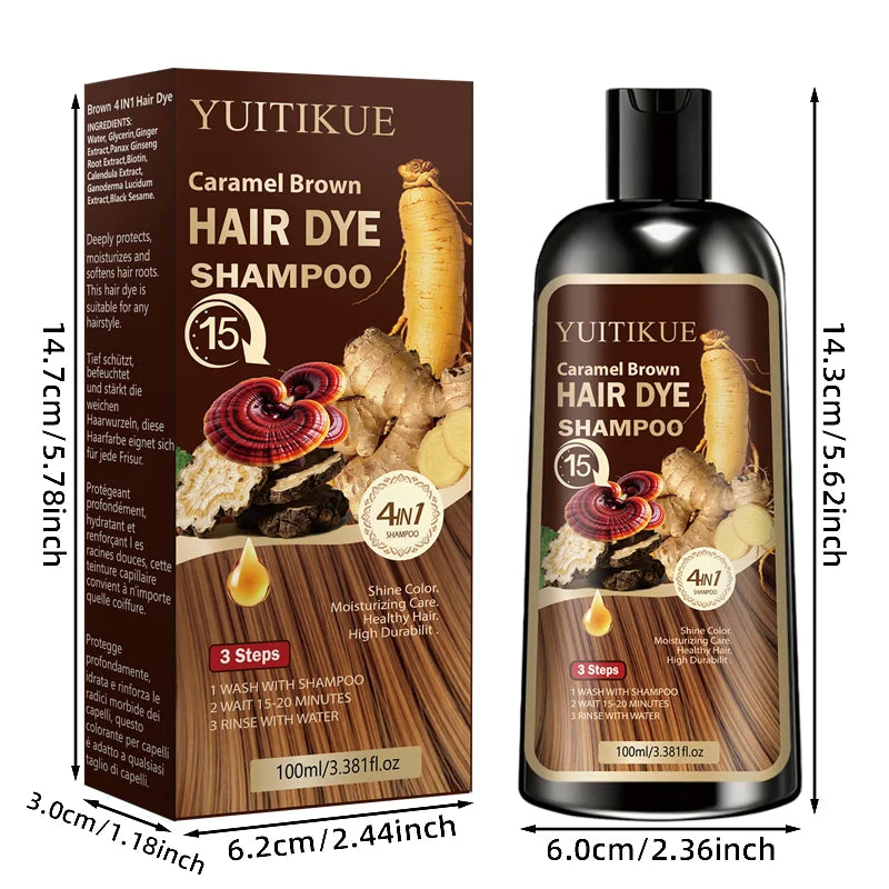 Caramel Brown Hair Dye Shampoo 100ml Plant Extract Grey Coverage - 8