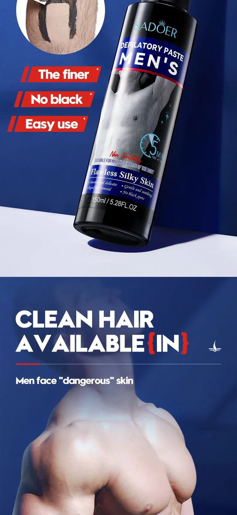Sadoer Mens Hair Removal Cream Smooth Body Depilatory Cream 150ml