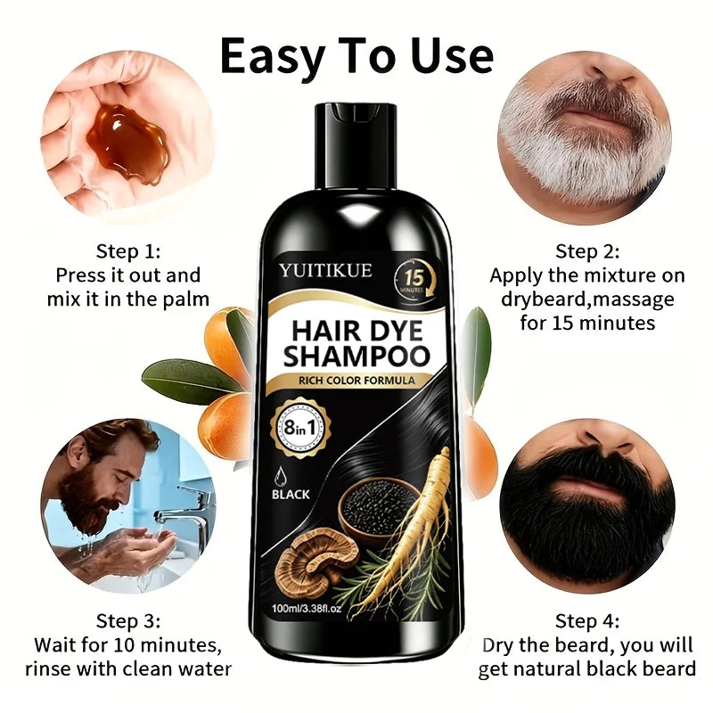 YUITIKUE Men Black Hair Dye Shampoo 15 Minute Beard Color Treatment