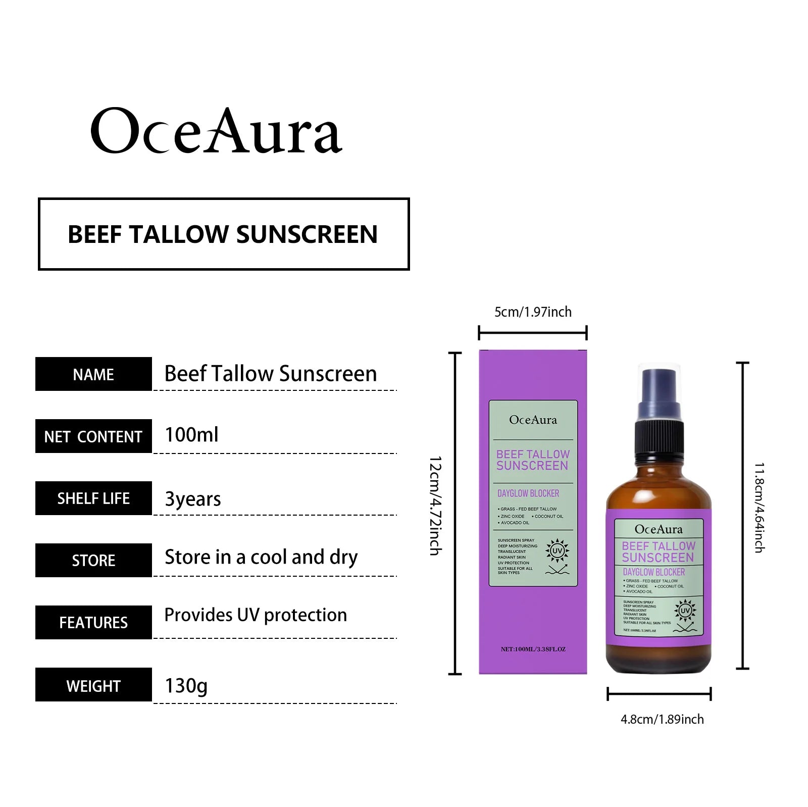 OceAura Beef Tallow Sunscreen Spray Moisturizing UV Protection Mist - 7