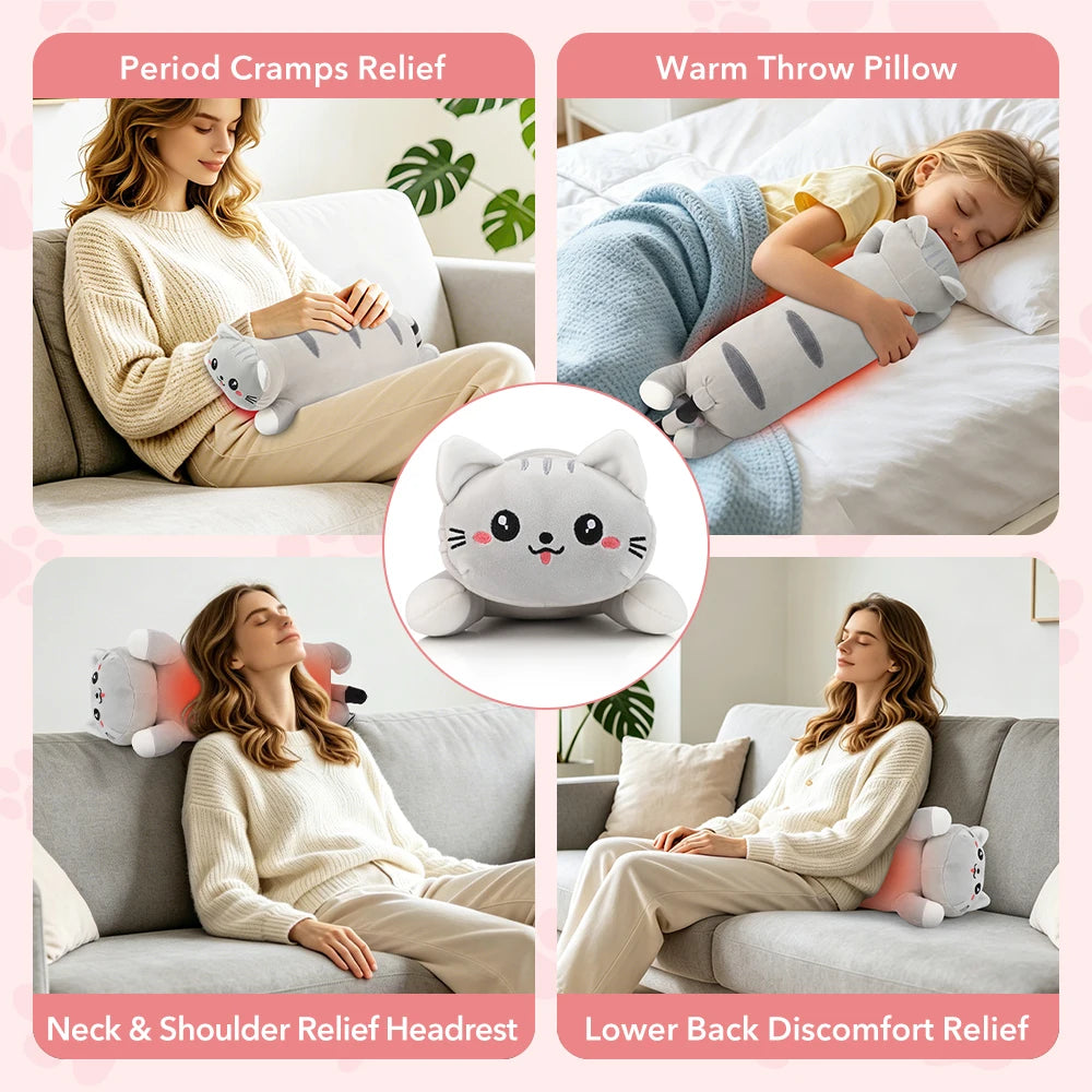 Cute Cat Heated Plush Pillow for Period Cramps and Back Pain - 12