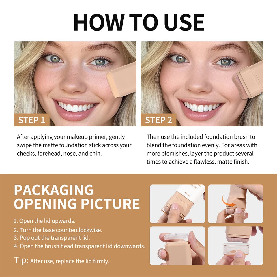 Matte Foundation Stick with Built-in Brush for Flawless Coverage - 16