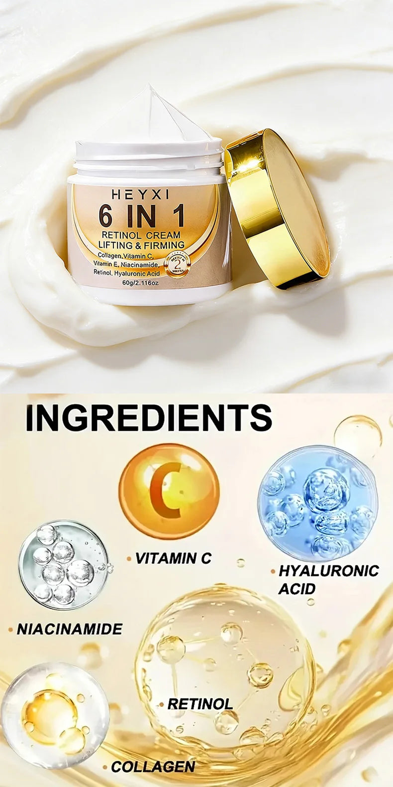 Heyxi 6-in-1 Retinol Face Cream Anti-Aging Moisturizer and Firming Lotion