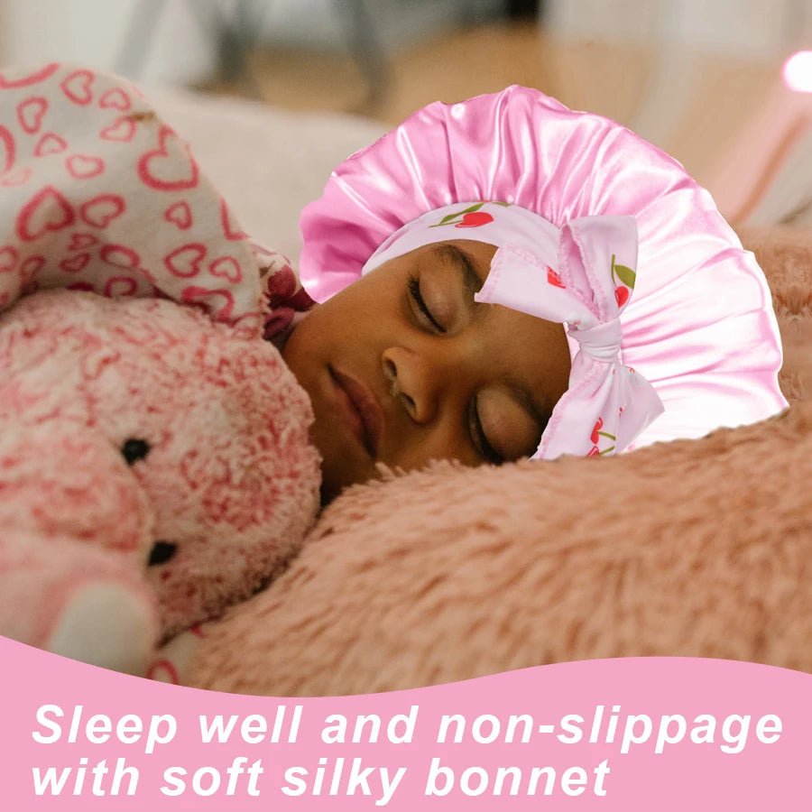Kids Satin Sleep Bonnet With Bow Tie Adjustable Hair Care Night Cap