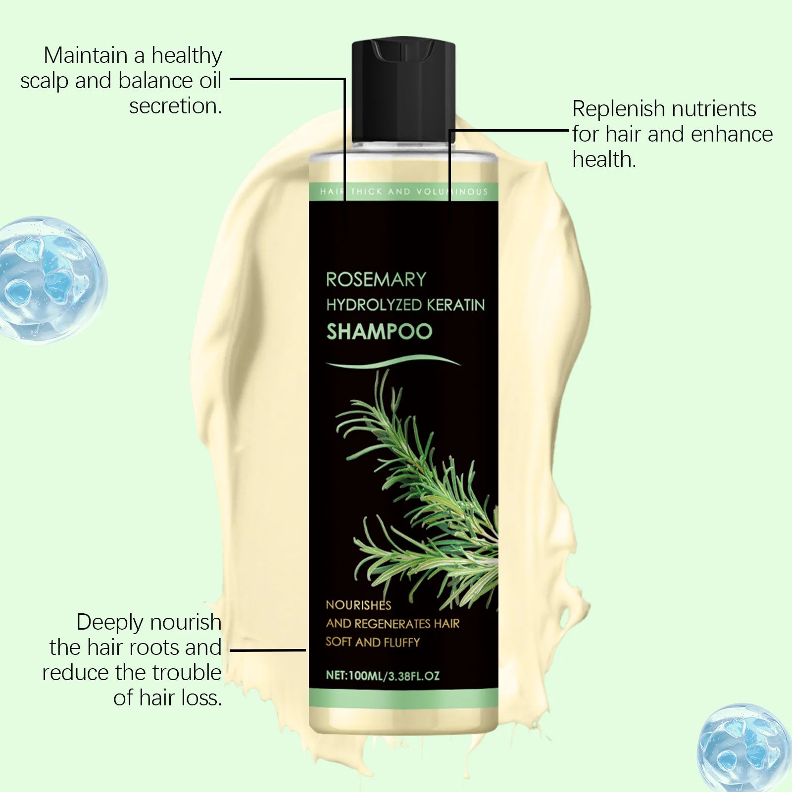 Rosemary Hydrolyzed Keratin Shampoo 100ml Scalp Soothing Volumizing