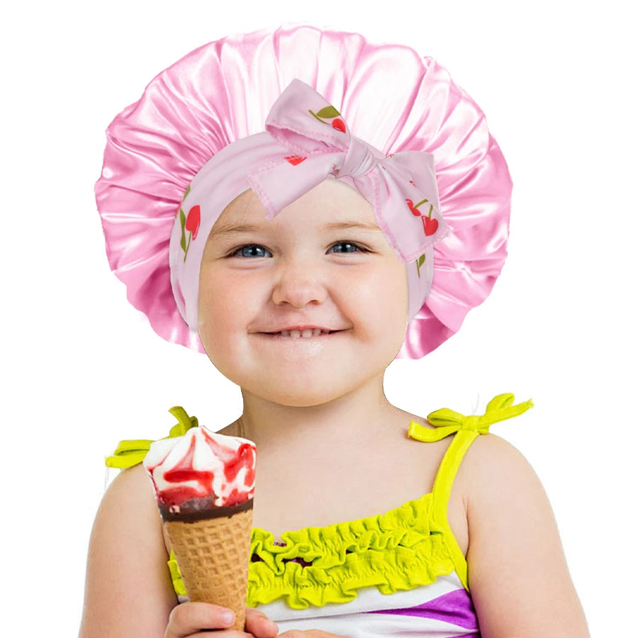 Kids Satin Sleep Bonnet With Bow Tie Adjustable Hair Care Night Cap