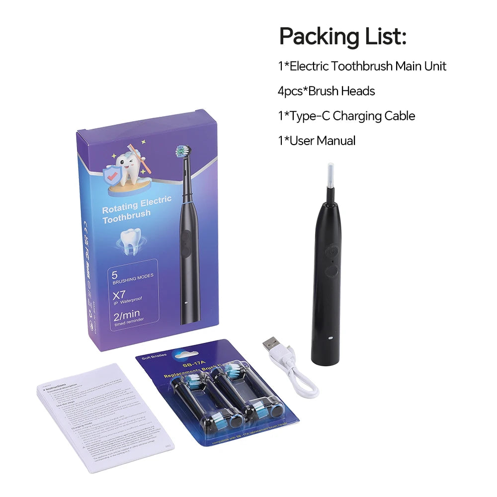 Rechargeable Electric Toothbrush with 5 Modes and 4 Brush Heads