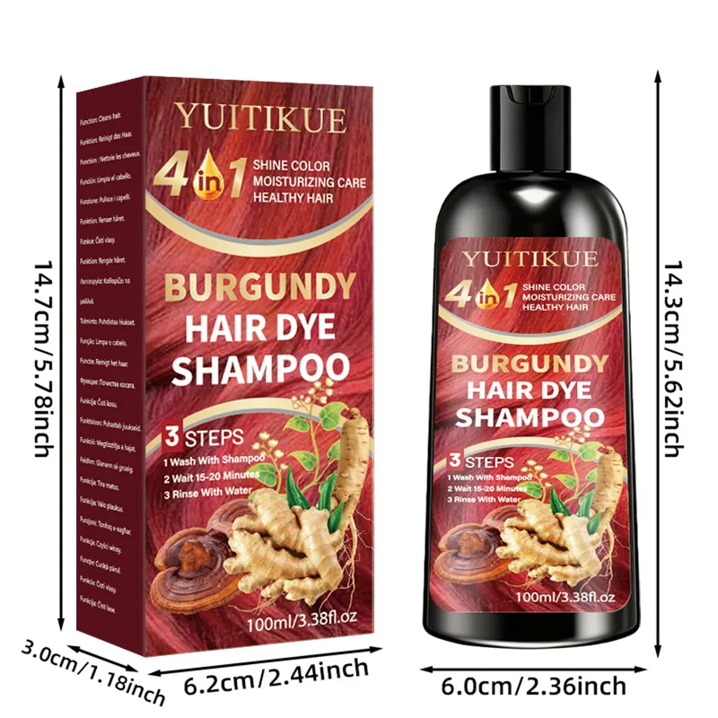 4 in 1 Burgundy Hair Dye Shampoo Natural Ginger Herbal Formula 100ml