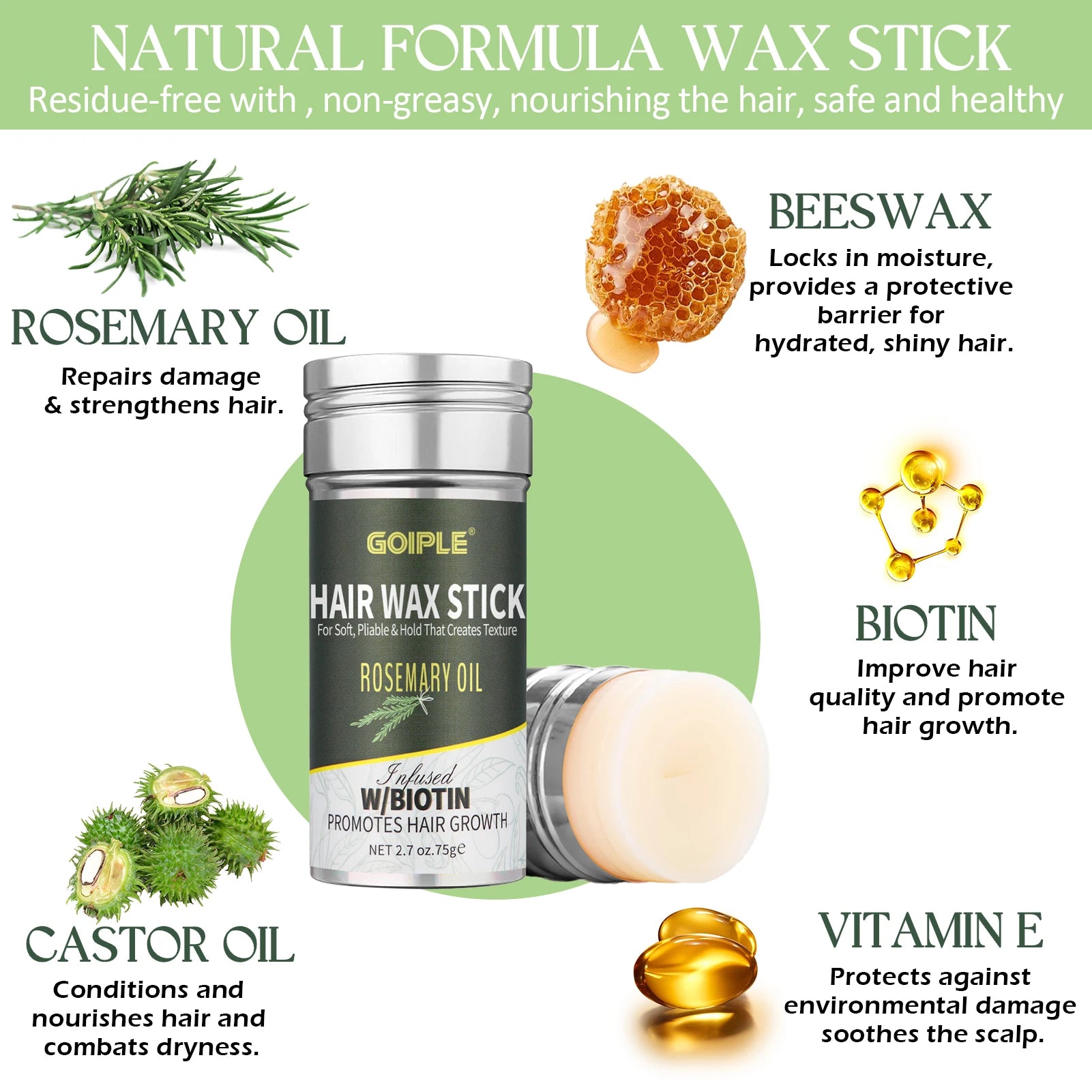 Goiple Biotin Rosemary Hair Wax Stick and Styling Brush Set - 9