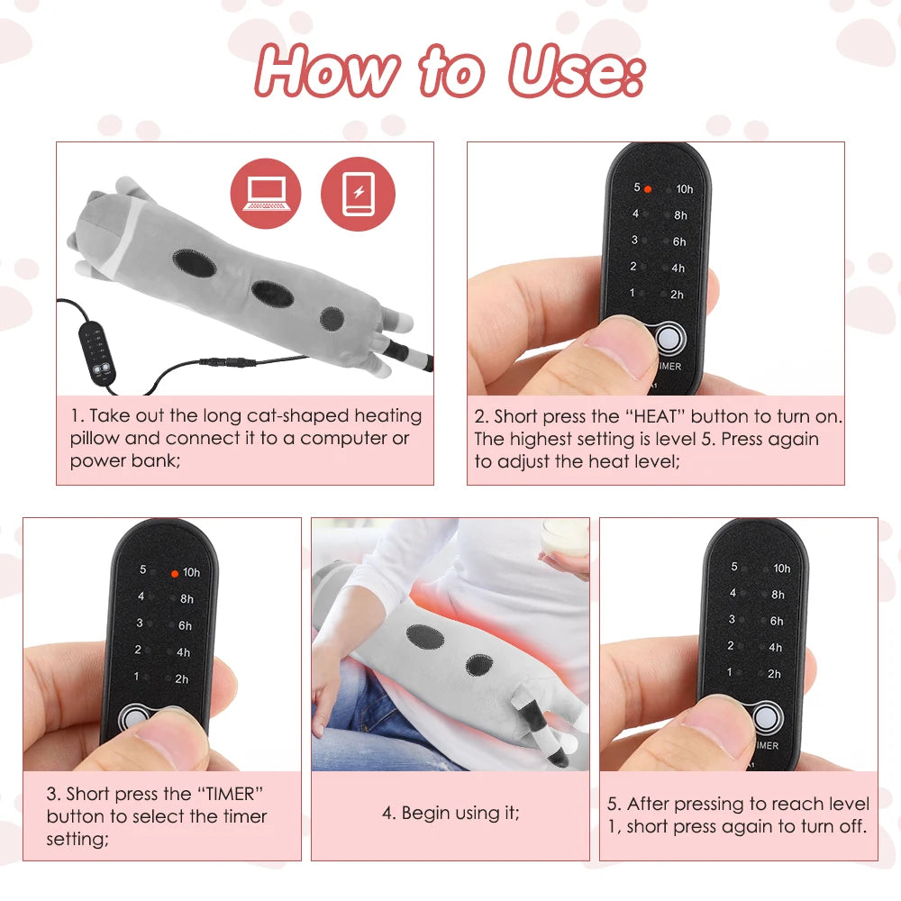 Heated Cat Hand Warmer Pillow with 5 Heat Settings