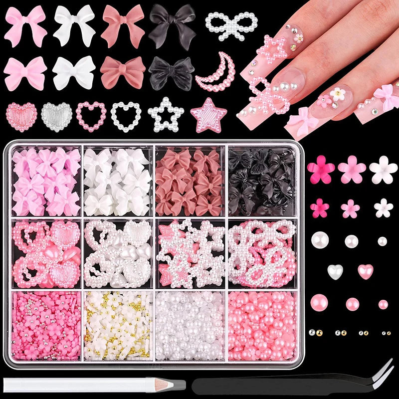 3D Mixed Nail Art Decorations with Bows Flowers and Pearls - 17