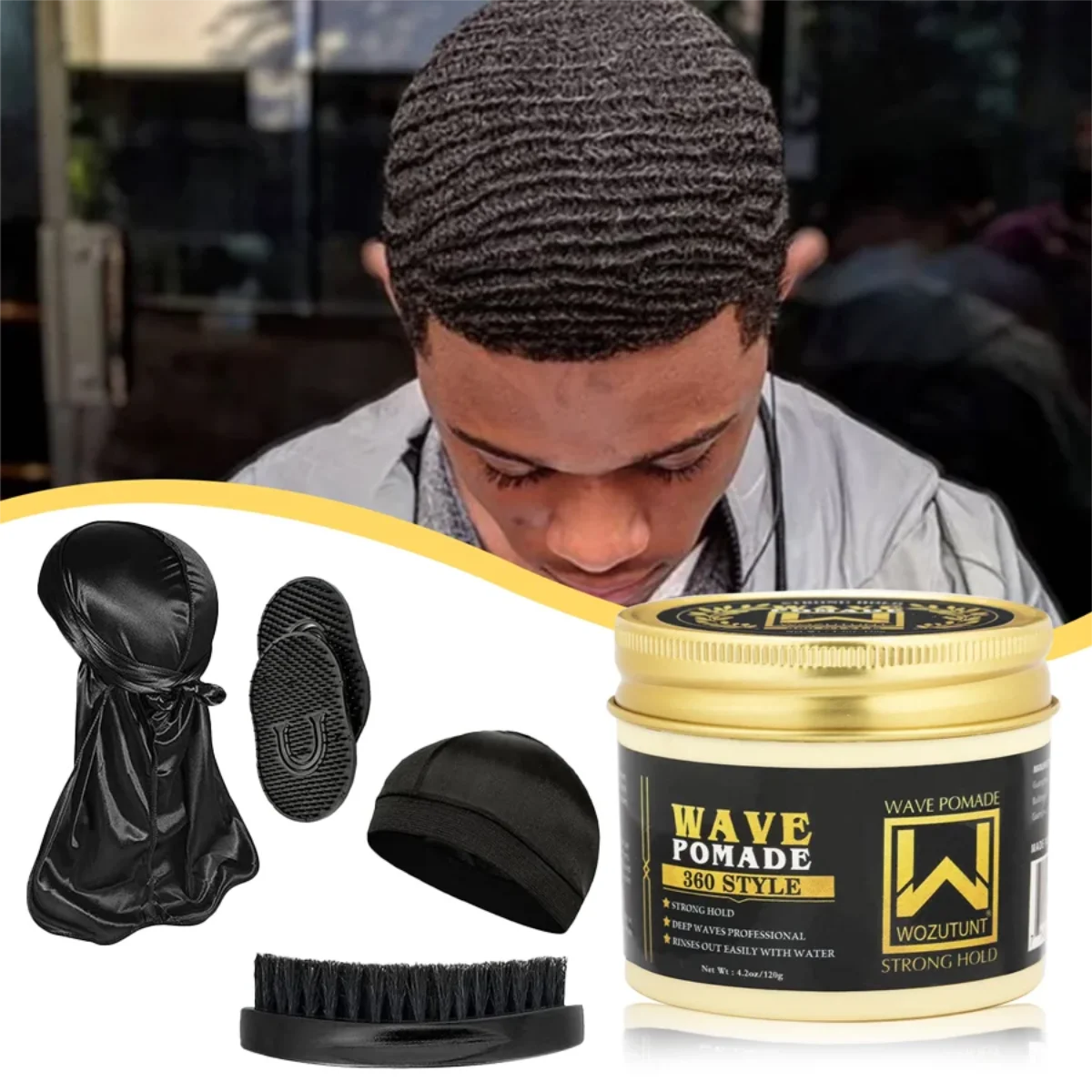 Shea Butter Hair Pomade with Wave Brush and Silk Rag Cap Set - 1