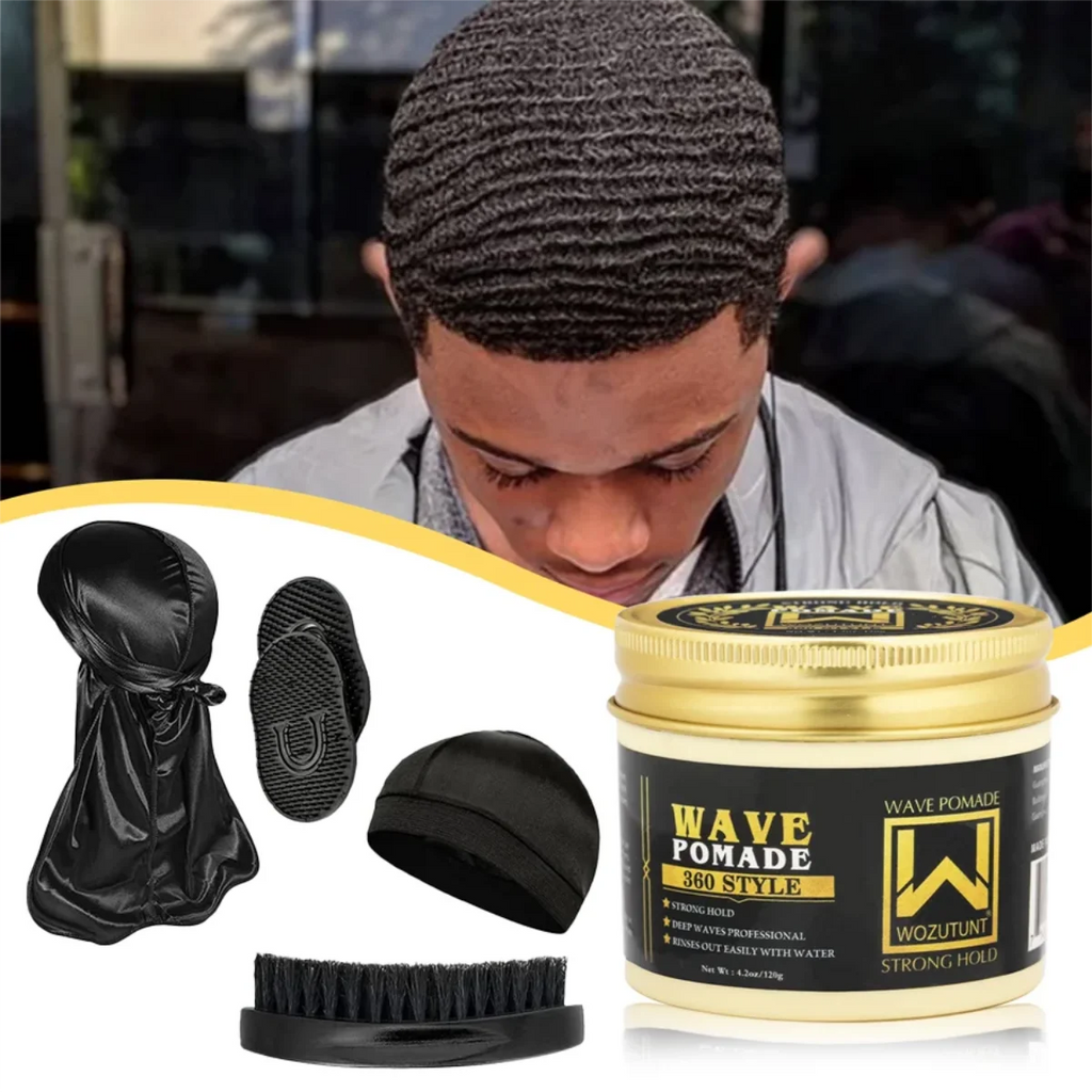 Shea Butter Hair Pomade with Wave Brush and Silk Rag Cap Set