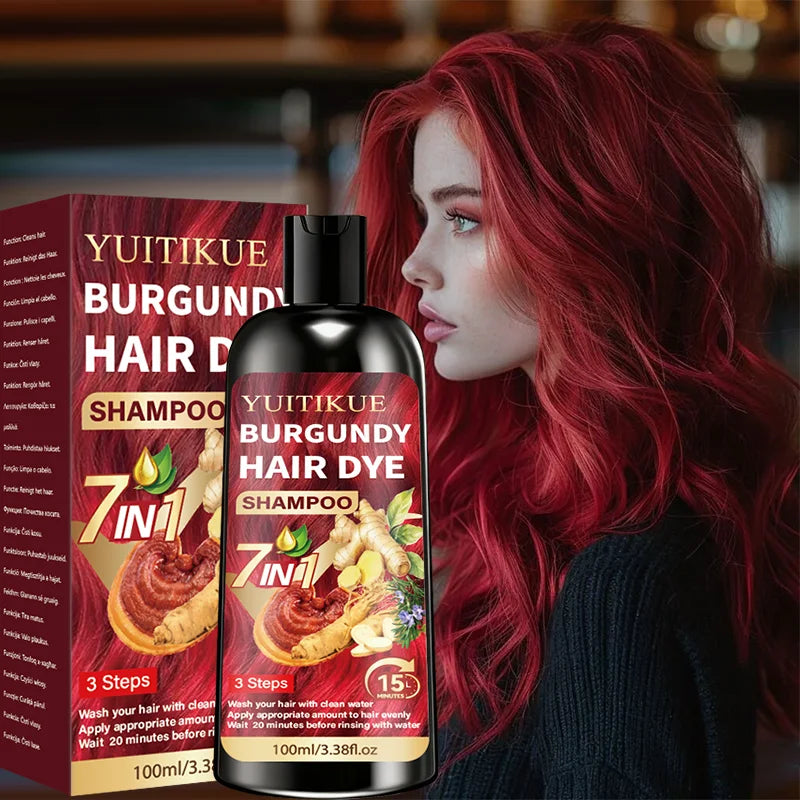 100ml Burgundy Herbal Hair Dye Shampoo 7 in 1 Color Treatment