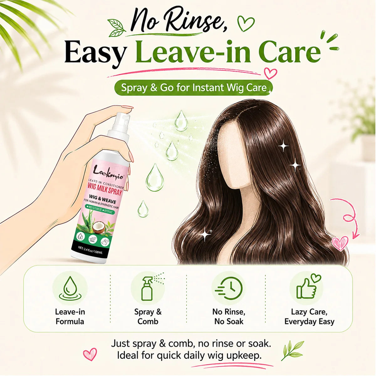 100ml Leave-in Wig Milk Spray Conditioner for Human and Synthetic Hair