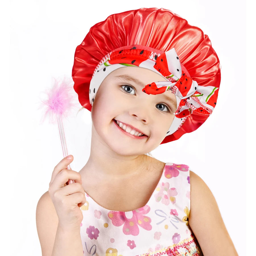 Kids Satin Sleep Bonnet With Bow Tie Adjustable Hair Care Night Cap