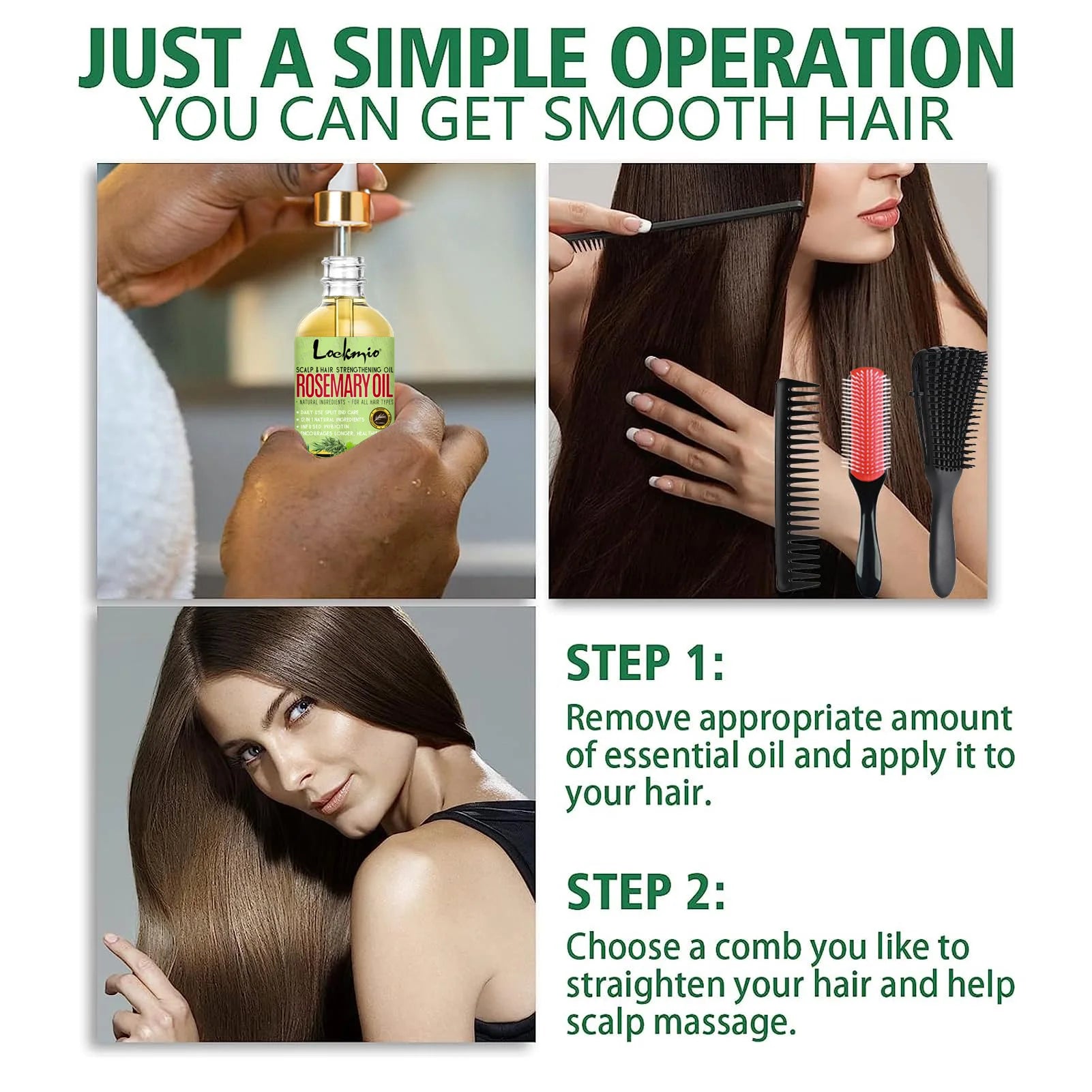 Lockmio Rosemary Hair Growth Oil and Curly Hair Detangling Brush Set - 5