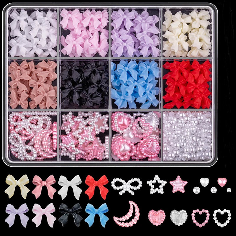 3D Mixed Nail Art Decorations with Bows Flowers and Pearls
