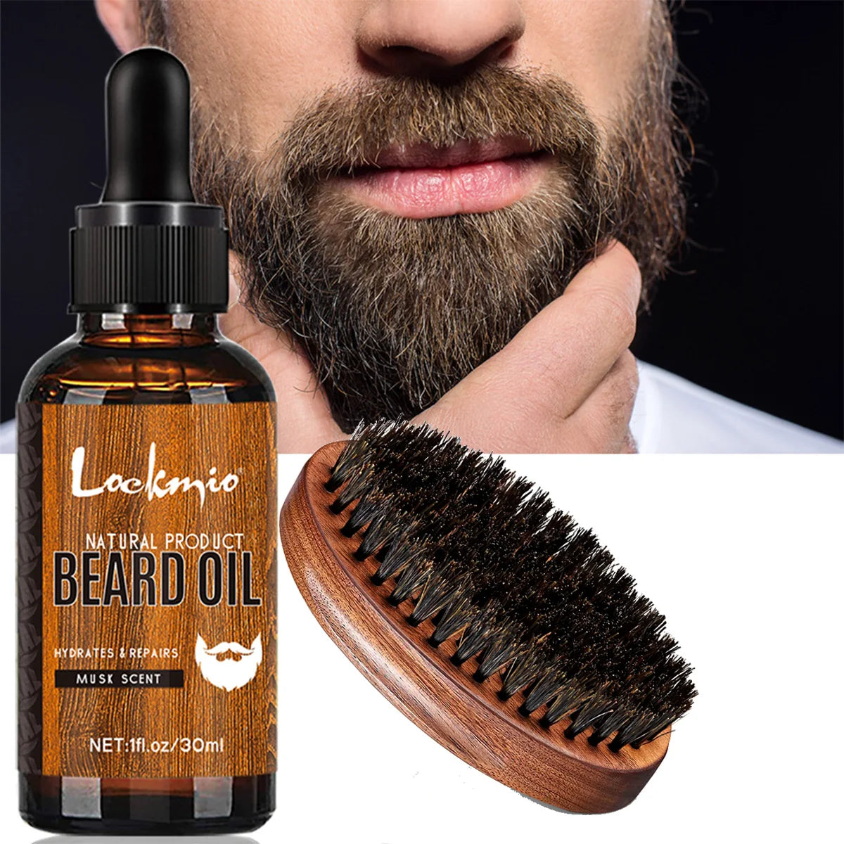 Lockmio Men Beard Oil and Grooming Brush Set Musk Scent - 7