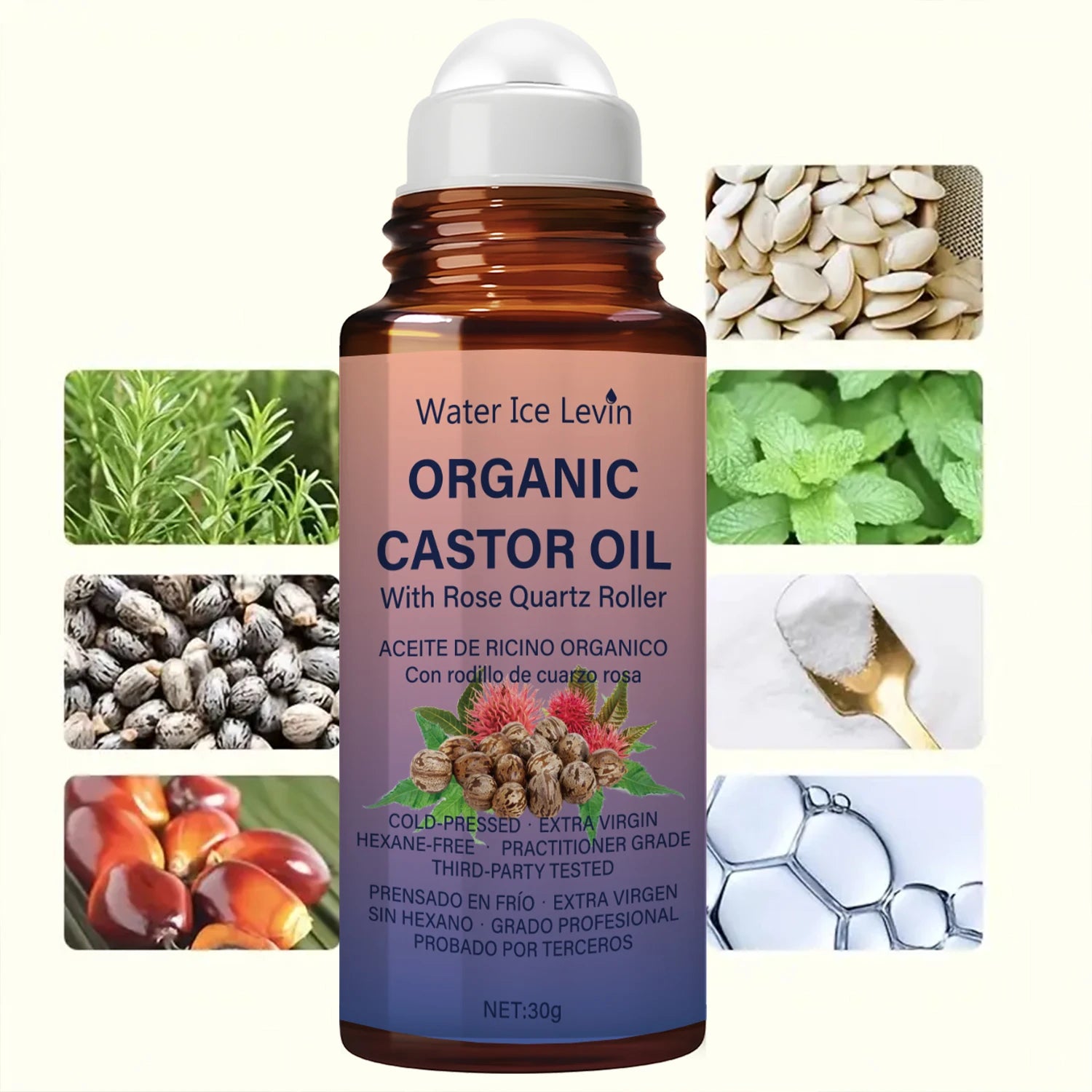 Organic Castor Oil with Rose Quartz Roller Hair and Skin Conditioner